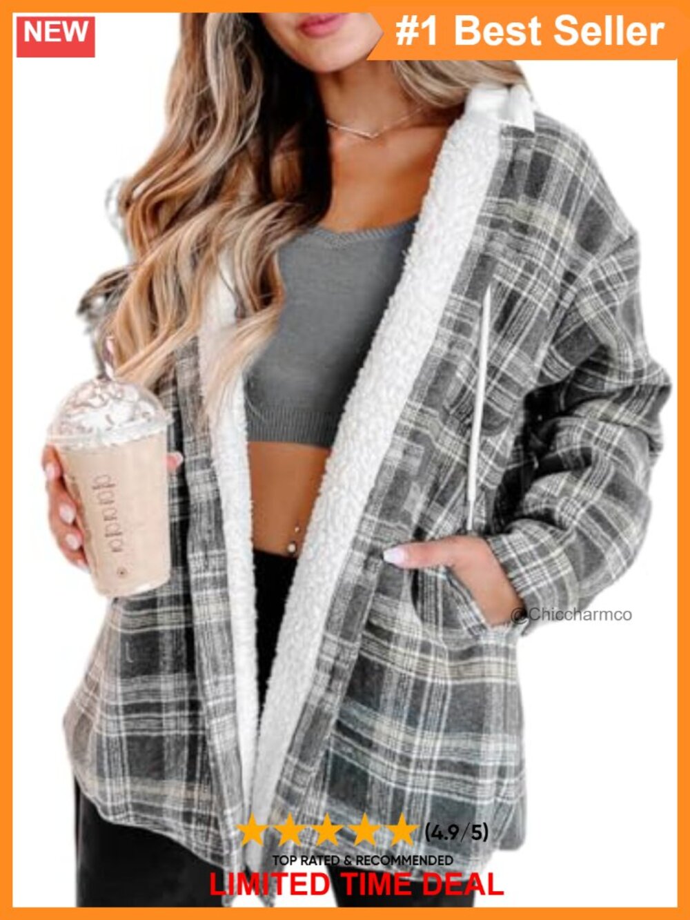 Sherpa Lined Plaid Hooded Shacket Button Front Loose Fit